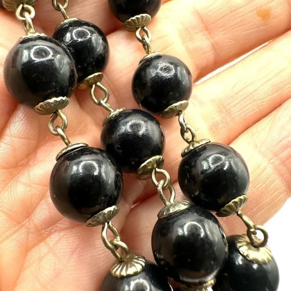 Vintage long black beaded necklace